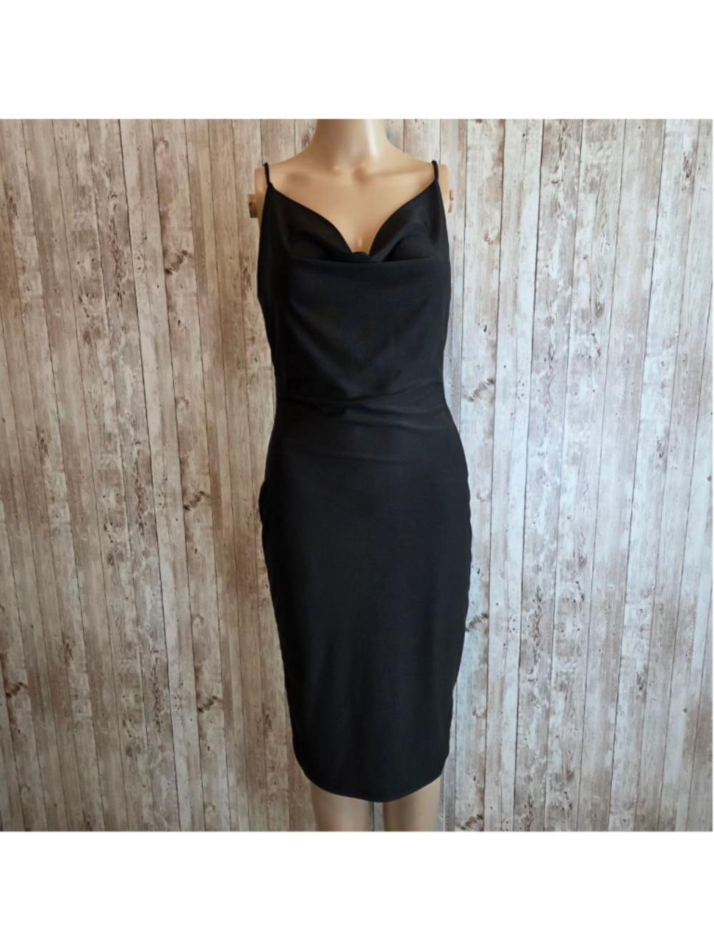 Women's IRIS Black Cowl Neck Midi Dress M NWOT